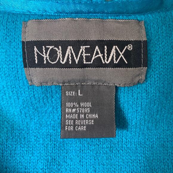 Vintage Nouveaux 100% Wool Cardigan Size Large Teal Loop Fairy Fringe - Picture 4 of 8
